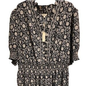 NWT MAX STUDIOS Floral  Smocked Midi‎ Dress BLACK White Puff Sleeve Ruffle Neck